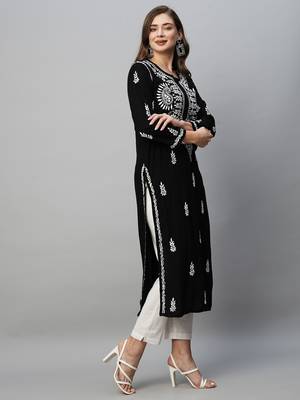 Ada Hand Embroidered Black Rayon Lucknowi Chikankari Indian Straight Kurta for Women - A411483 4