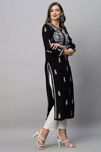 Ada Hand Embroidered Black Rayon Lucknowi Chikankari Indian Straight Kurta for Women - A411483