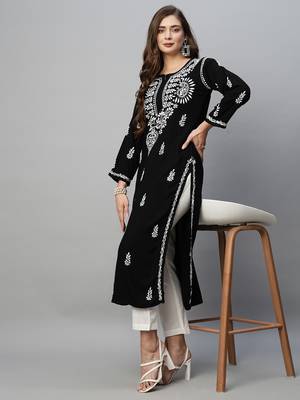 Ada Hand Embroidered Black Rayon Lucknowi Chikankari Indian Straight Kurta for Women - A411483 5