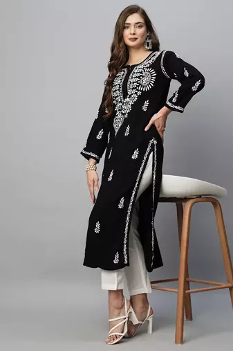 Ada Hand Embroidered Black Rayon Lucknowi Chikankari Indian Straight Kurta for Women - A411483