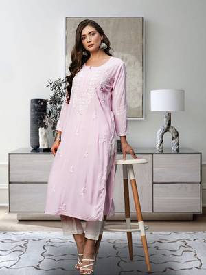 Hand Embroidered Baby Pink Rayon Lucknowi Chikankari Indian Straight Kurta For Women 1