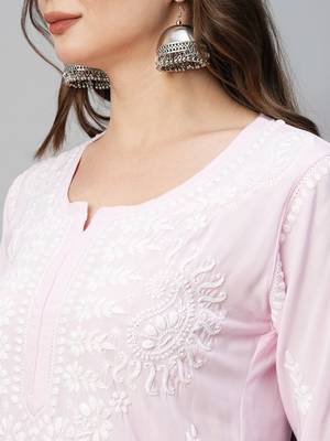 Hand Embroidered Baby Pink Rayon Lucknowi Chikankari Indian Straight Kurta For Women 2