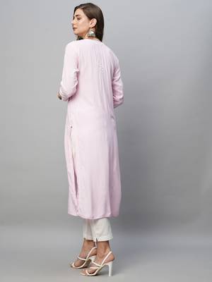 Hand Embroidered Baby Pink Rayon Lucknowi Chikankari Indian Straight Kurta For Women 3