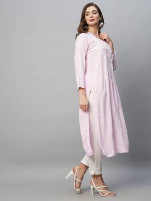Hand Embroidered Baby Pink Rayon Lucknowi Chikankari Indian Straight Kurta For Women 4