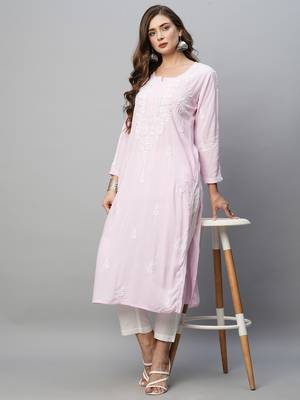 Hand Embroidered Baby Pink Rayon Lucknowi Chikankari Indian Straight Kurta For Women 5