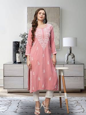 Hand Embroidered Dusty Pink Rayon Lucknowi Chikankari Indian Straight Kurta For Women 1