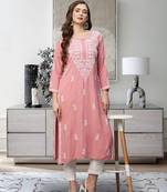 Hand Embroidered Dusty Pink Rayon Lucknowi Chikankari Indian Straight Kurta For Women