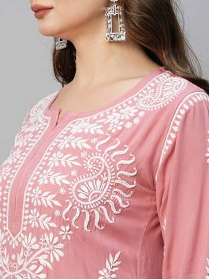 Hand Embroidered Dusty Pink Rayon Lucknowi Chikankari Indian Straight Kurta For Women 2
