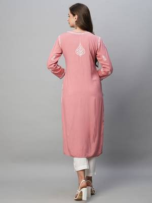 Hand Embroidered Dusty Pink Rayon Lucknowi Chikankari Indian Straight Kurta For Women 3