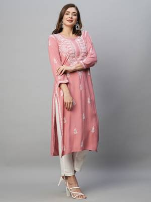 Hand Embroidered Dusty Pink Rayon Lucknowi Chikankari Indian Straight Kurta For Women 4