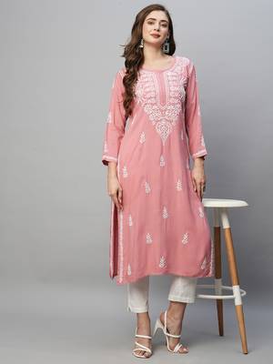 Hand Embroidered Dusty Pink Rayon Lucknowi Chikankari Indian Straight Kurta For Women 5