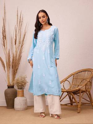 Hand Embroidered Sky Blue Rayon Lucknowi Chikankari Indian Straight Kurta For Women 1