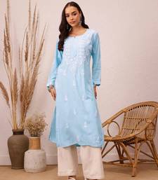 Hand Embroidered Sky Blue Rayon Lucknowi Chikankari Indian Straight Kurta For Women
