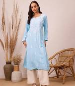 Hand Embroidered Sky Blue Rayon Lucknowi Chikankari Indian Straight Kurta For Women