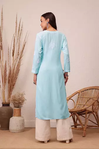 Hand Embroidered Sky Blue Rayon Lucknowi Chikankari Indian Straight Kurta For Women
