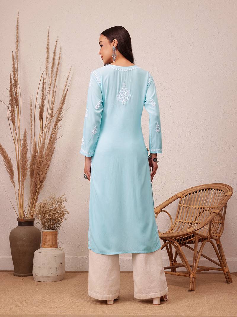 Hand Embroidered Sky Blue Rayon Lucknowi Chikankari Indian Straight Kurta For Women