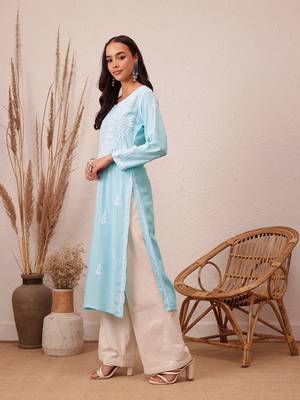 Hand Embroidered Sky Blue Rayon Lucknowi Chikankari Indian Straight Kurta For Women 3