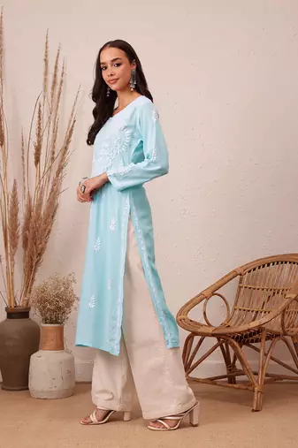 Hand Embroidered Sky Blue Rayon Lucknowi Chikankari Indian Straight Kurta For Women