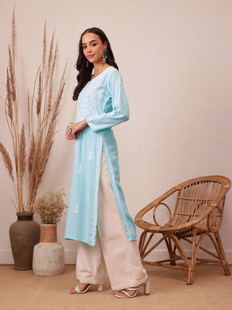 Hand Embroidered Sky Blue Rayon Lucknowi Chikankari Indian Straight Kurta For Women