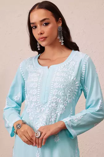 Hand Embroidered Sky Blue Rayon Lucknowi Chikankari Indian Straight Kurta For Women
