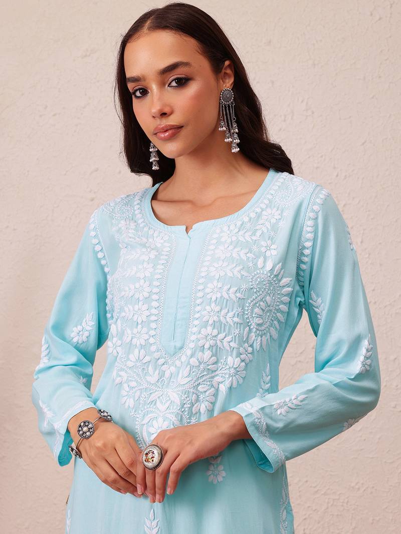Hand Embroidered Sky Blue Rayon Lucknowi Chikankari Indian Straight Kurta For Women