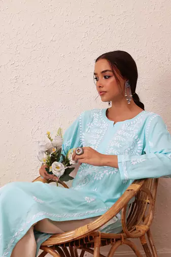Hand Embroidered Sky Blue Rayon Lucknowi Chikankari Indian Straight Kurta For Women