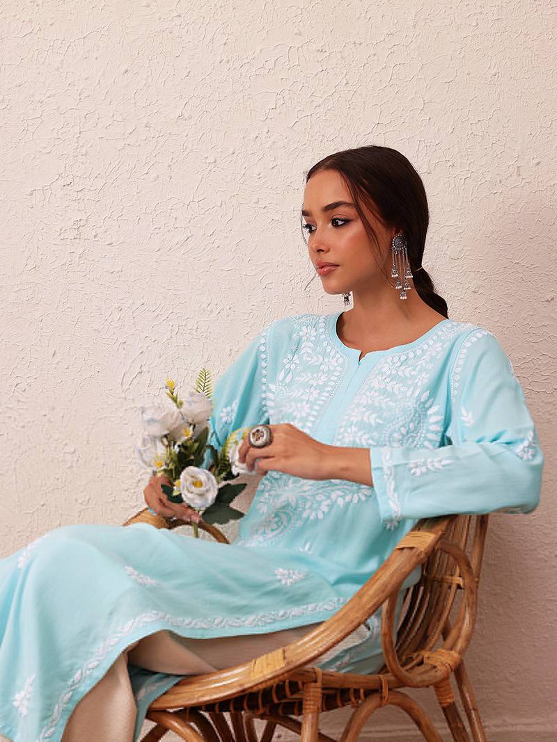 Hand Embroidered Sky Blue Rayon Lucknowi Chikankari Indian Straight Kurta For Women