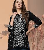 Hand Embroidered Black Cotton Lucknowi Chikankari Indian Straight Kurti/Short Top For Women