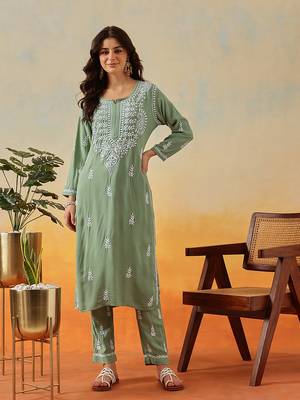 Hand Embroidered Sage Green Rayon Lucknowi Chikankari Indian Co-Ord Set For Womens 1