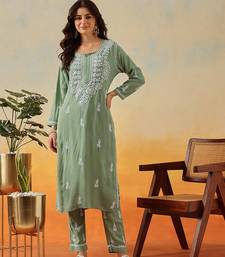 Hand Embroidered Sage Green Rayon Lucknowi Chikankari Indian Co-Ord Set For Womens