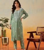 Hand Embroidered Sage Green Rayon Lucknowi Chikankari Indian Co-Ord Set For Womens