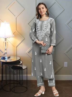 Hand Embroidered Grey Rayon Lucknowi Chikankari Indian Co-Ord Set/Kurta Palazzo Set For Women 1