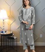 Hand Embroidered Grey Rayon Lucknowi Chikankari Indian Co-Ord Set/Kurta Palazzo Set For Women