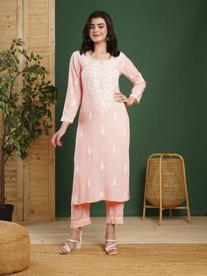 Hand Embroidered Peach Rayon Lucknowi Chikankari Indian Co-Ord Set/Kurta Palazzo Set For Women 1