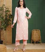 Hand Embroidered Peach Rayon Lucknowi Chikankari Indian Co-Ord Set/Kurta Palazzo Set For Women