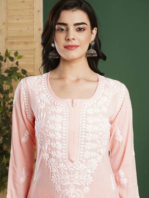Hand Embroidered Peach Rayon Lucknowi Chikankari Indian Co-Ord Set/Kurta Palazzo Set For Women 2