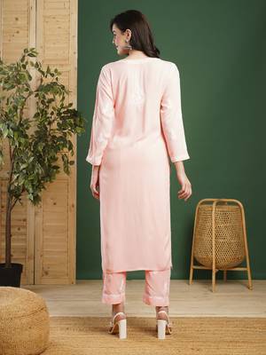 Hand Embroidered Peach Rayon Lucknowi Chikankari Indian Co-Ord Set/Kurta Palazzo Set For Women 3