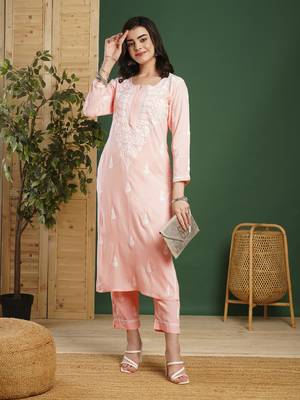 Hand Embroidered Peach Rayon Lucknowi Chikankari Indian Co-Ord Set/Kurta Palazzo Set For Women 5