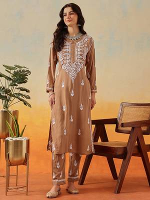 Hand Embroidered Taupe Brown Rayon Lucknowi Chikankari Indian Co-Ord Set For Women 1