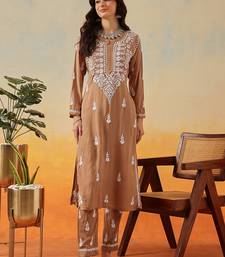 Hand Embroidered Taupe Brown Rayon Lucknowi Chikankari Indian Co-Ord Set For Women