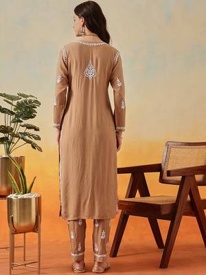 Hand Embroidered Taupe Brown Rayon Lucknowi Chikankari Indian Co-Ord Set For Women 2
