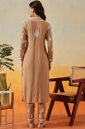 Hand Embroidered Taupe Brown Rayon Lucknowi Chikankari Indian Co-Ord Set For Women
