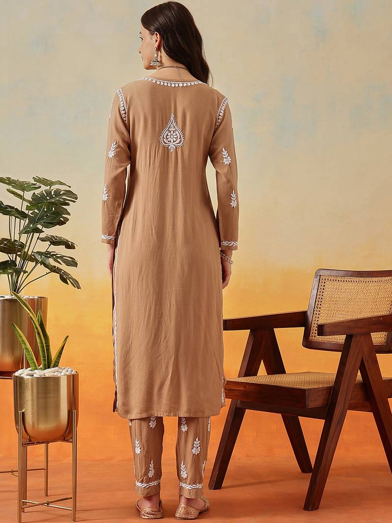 Hand Embroidered Taupe Brown Rayon Lucknowi Chikankari Indian Co-Ord Set For Women