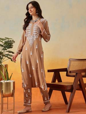 Hand Embroidered Taupe Brown Rayon Lucknowi Chikankari Indian Co-Ord Set For Women 3
