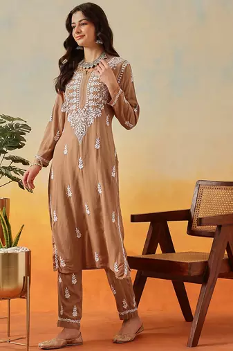 Hand Embroidered Taupe Brown Rayon Lucknowi Chikankari Indian Co-Ord Set For Women