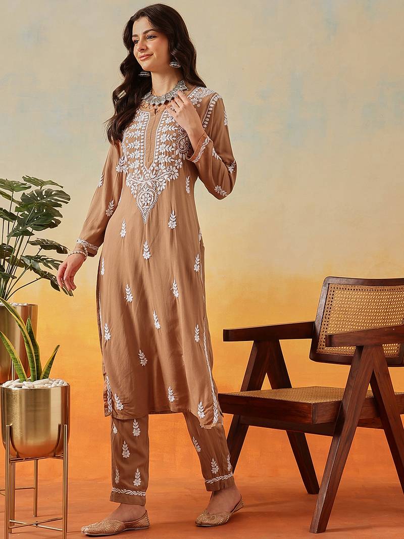 Hand Embroidered Taupe Brown Rayon Lucknowi Chikankari Indian Co-Ord Set For Women