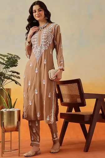 Hand Embroidered Taupe Brown Rayon Lucknowi Chikankari Indian Co-Ord Set For Women