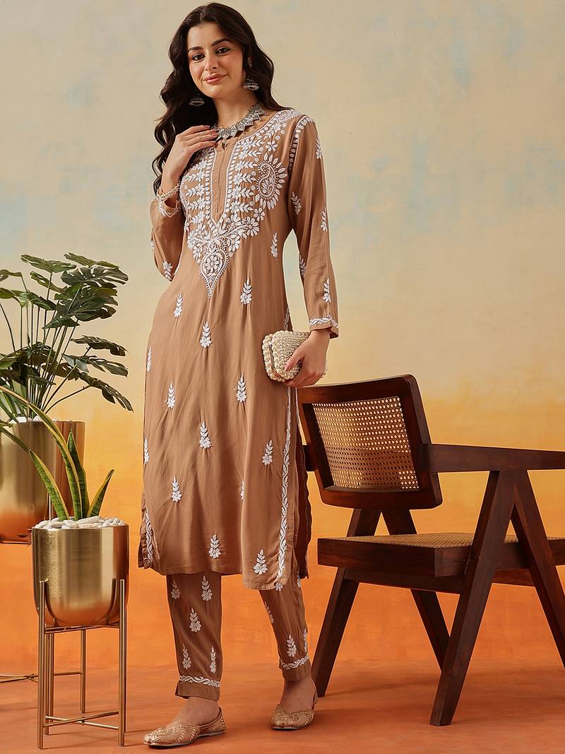 Hand Embroidered Taupe Brown Rayon Lucknowi Chikankari Indian Co-Ord Set For Women
