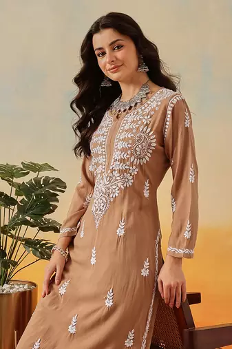 Hand Embroidered Taupe Brown Rayon Lucknowi Chikankari Indian Co-Ord Set For Women