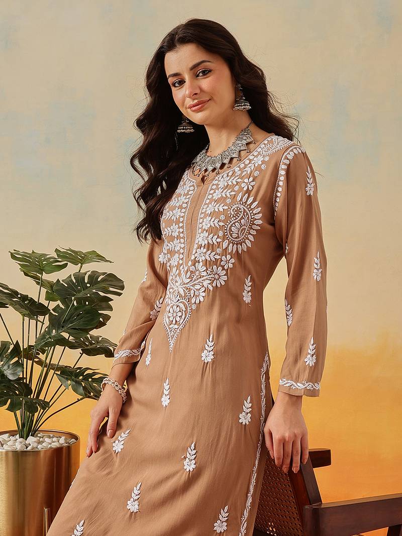 Hand Embroidered Taupe Brown Rayon Lucknowi Chikankari Indian Co-Ord Set For Women